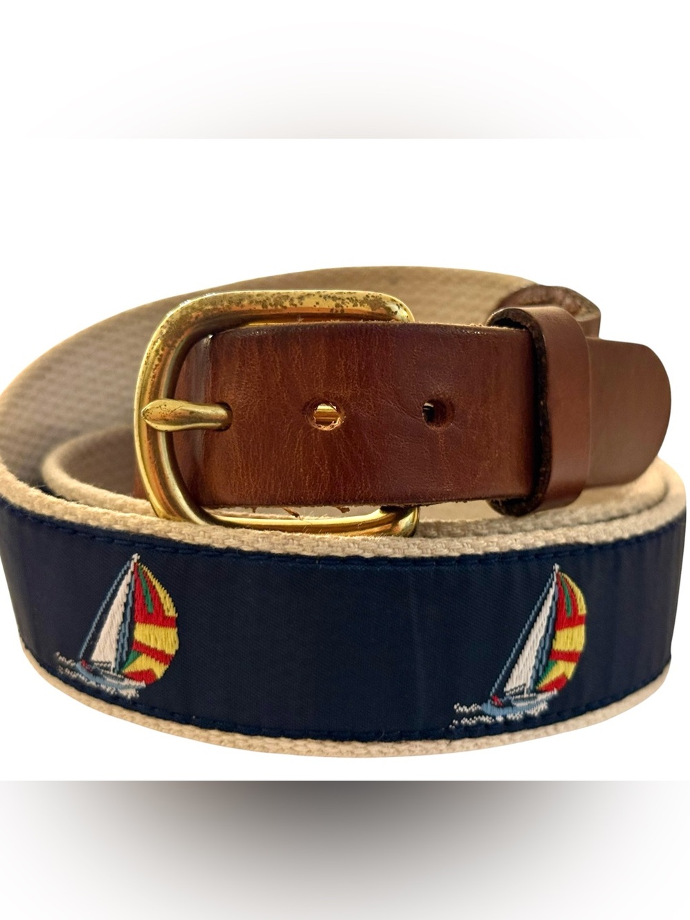 Nautical Sailboat Woven Vintage Belt Leather Man Ltd Brass Buckle Made in USA 38